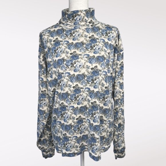 Vintage 90's Liz Thomas Blue Floral Turtleneck Long Sleeve Top Size Large - Picture 1 of 10